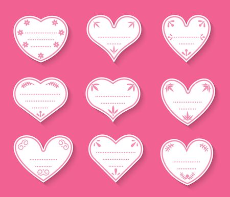 Hearts paper cut vintage labels set. Sign of Valentines day for price tags, sticker about love. Different shape empty template with decorative elements, dots for text box. Isolated vector illustrationのイラスト素材