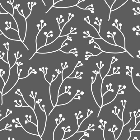 Abstract branch with berry seamless pattern. Limitless dark background with white floral flat cartoon elements, nature sign. Repeat ornament for paper wrap, fabric, print berry. Vector illustrationのイラスト素材