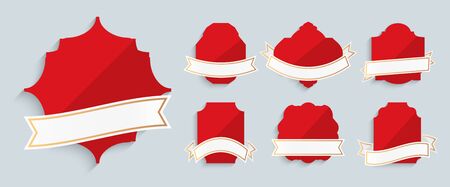 Red labels with white ribbons gold frame retro vintage set. Different shape for promotion, sale price. Template for text banner special offer. Luxury decorative modern sticker. Vector illustrationのイラスト素材