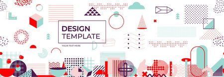 Memphis seamless border design retro style elements. Set of colorful geometric shapes. Funky 90s trend pattern. Trendy halftone for magazine, billboard, web poster, banner, leaflet Vector illustrationのイラスト素材
