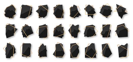 Abstract polygonal geometric black banner with gold line frame set. Empty template for any design, card text. Luxury decorative modern polyhedron frame element isolated on white vector illustrationのイラスト素材