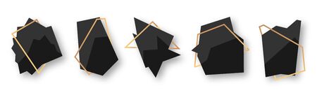 Polygonal abstract geometric black banner with gold line frame set. Empty template for any design, card text. Luxury decorative modern polyhedron frame element. Isolated on white vector illustrationのイラスト素材