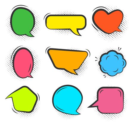 Comic speech bubble set. Cartoon empty text clouds with halftone dot shadow. Different shapes blank pop art line doodle bubbles. Comics message balloon template. Isolated on white vector illustrationのイラスト素材