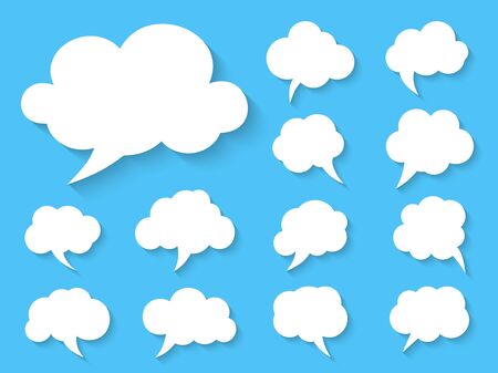 Flat comic retro speech bubble set. Comics message template. Empty text box different shapes balloons with shadow. Abstract icon cartoon blank doodle bubbles. Isolated on blue vector illustrationのイラスト素材
