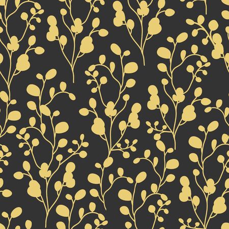 Abstract branch with leaves seamless pattern. Limitless black background with gold floral flat cartoon element, nature sign. Repeat ornament for paper wrap, fabric, wallpaper print Vector illustrationのイラスト素材
