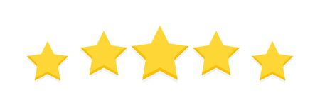 Five yellow stars, customer product rating customer review. Level rank icon for app, web, game....