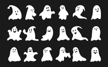 White silhouette ghost set. Octobe horror Happy Halloween character with scary or surprised face shape. Creepy funny cute spook. Great for design postcards on holiday. Isolated vector illustrationのイラスト素材