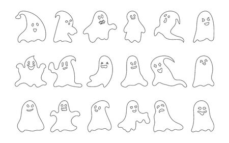 Ghost character black line set. Simple template scary spook symbol Halloween. Empty outline funny cute ghostly October apparition. Horror monster with different face shape Isolated vector illustrationのイラスト素材