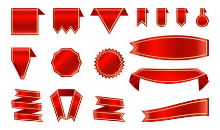 Satin red ribbon and labels with gold frame set. Shiny foil backdrop banner. Blank template shape. Congratulation glass retro flag, tape for text, price tag, sale label. Isolated vector illustrationのイラスト素材