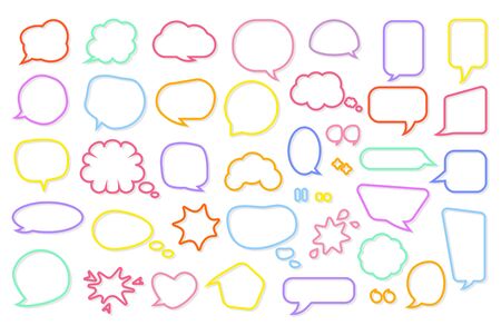 Colored line frame comic retro speech soap bubble set. Empty text box different shapes balloons, clouds. Funny comics message, bubbles gum blank icon template. Isolated on white vector illustrationのイラスト素材