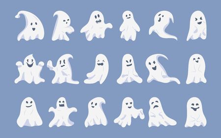 Ghost character flat cartoon set. Creepy funny cute ghostly Halloween monsters. Silhouette with scary face shape, evil symbol holiday october. Great for design postcards. Isolated vector illustrationのイラスト素材