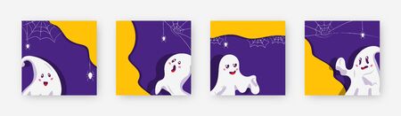Set of ghost cute character template square frame. Decorative pattern with space text box. Different background with creepy funny evilghostly Halloween monster Spider and spiderweb Vector illustrationのイラスト素材