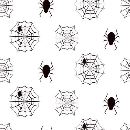 Spiders and web Halloween seamless pattern. Decor scary horror, insect main symbol of holiday in october. Design limitless background. Repeat ornament for paper wrap, fabric, print Vector illustrationのイラスト素材
