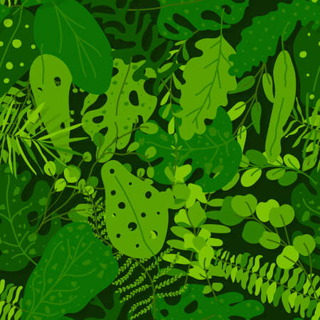 Green tropical leaves seamless pattern. Limitless background with exotic floral flat cartoon elements monstera, jungle botany sign. Repeat ornament for paper wrap, fabric, print. Vector illustrationのイラスト素材