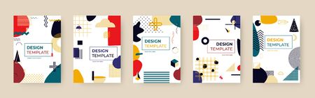 Covers templates in memphis style set. Backgrounds with different geometric shapes, trendy elements.Text box. Pattern design great for magazine, cover posters, billboards, banners. Vector illustrationのイラスト素材