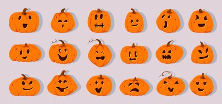 Halloween pumpkins paper cut set. Different shapes squash with carved cute faces emotion. Sign creepy funny cute cutting pumpkin smile. Decor for October horror party invitation. Vector illustrationのイラスト素材