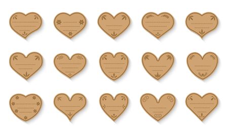 Brown hearts paper cut vintage labels set. Sign craft of Valentines day for price tag, sticker about love. Different shape empty template with decorative elements text box Isolated vector illustrationのイラスト素材