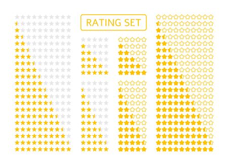 Set of yellow stars rating. Five and ten star customer product rating customer review. Appraisal, half assessment in flat style. Level rank icon for app, website. Isolated on white vector illustrationのイラスト素材