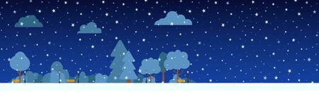 Winter park street with snowy trees, bush, clouds, lantern flat cartoon card. Merry Christmas and Happy New Year holiday panoramic horizontal banner. Suburban landscape. Decorative vector illustrationのイラスト素材