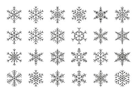 Snowflakes black line set. Different shape outline winter ice crystal. Christmas ornament symbol. Decorative template snow for event information card on New Year. Isolated on white vector illustrationのイラスト素材