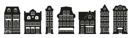 Glyph houses silhouette Amsterdam set. Graphic icon townhouse, european stayle. Black urban and suburban home cottage. Different architecture building tall town. Isolated on white vector illustrationのイラスト素材