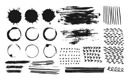 Abstract set of ink strokes, coffee circles of paint, splashes and drop. Hand drawn doodle element dot, dabs, wavy line. Stains grunge splatter texture for banner Vector brushes Isolated illustrationのイラスト素材