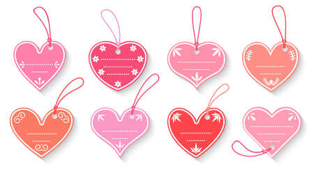 Pink paper price heart shape, tag set gift box with cord flat. Craft Valentines day sale label with rope. Isolated cardboard blank vintage decorative frames template with text box Vector illustrationのイラスト素材