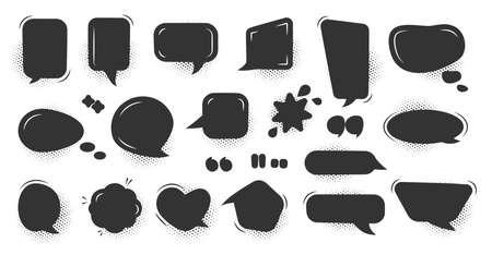 Comic speech bubble black set. Glyph silhouette empty text banner with halftone dot shadow Abstract icon blank bubbles. Comics graphic balloon template for design message Isolated vector illustrationのイラスト素材