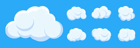 White cloud cartoon style set on blue sky background. Graphic weather symbol clouds icon for text, design web service. Template sticker of different shape fun air bubbles Isolated  illustrationのイラスト素材