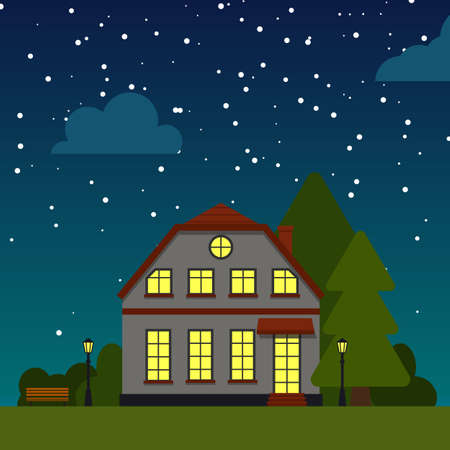 Closeup Night Street with house trees, bush, clouds, flat cartoon square banner. Urban small town landscape. Single house under starry sky. Suburban village neighborhood Cityscape illustrationのイラスト素材