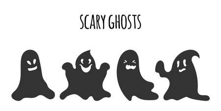 Silhouette black ghost set. Happy Halloween character with scary or surprised face shape. Creepy funny cute spook. Great for design postcards on holiday. October horror. Isolated vector illustrationのイラスト素材