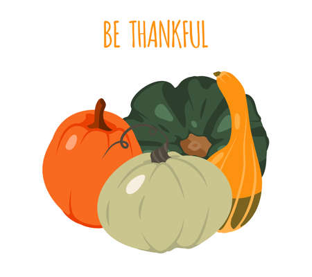 Be Thankful, colorful postcard invitation, gourd autumn mood. Greeting card with orange and green drawn pumpkins.Template banner or poster for Thanksgiving or Halloween celebration Vector illustrationのイラスト素材