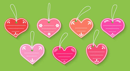Pink paper heart shape set. Valentines day sale labels with rope. Craft price gift box tag with cord flat Isolated cardboard blank vintage decorative frames template with text box Vector illustrationのイラスト素材