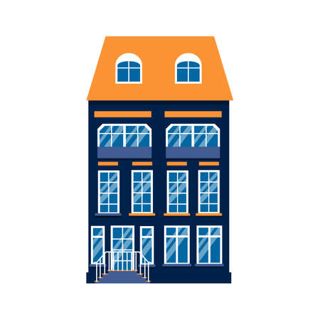 Colorful cartoon architecture Amsterdam single house. Closeup graphic icon townhouse, european style. Flat urban building tall town and suburban home cottage. Isolated on white vector illustrationのイラスト素材