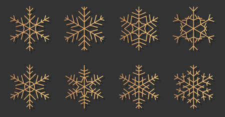 Set of elegant silhouettes of gold snowflakes icons. Trendy different shapes of snow, golden gradient. Decorative elements for banner Merry Christmas and Happy New Year. Isolated vector illustrationのイラスト素材