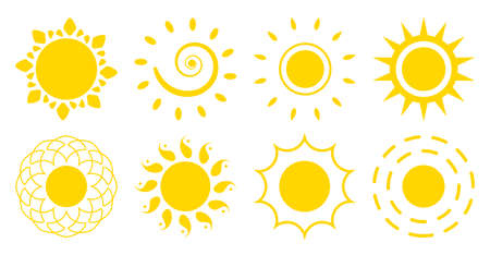 Flat sun icons set. Abstract cartoon different shape summer symbol. Simple template decorative element for  banner. Sign morning weather, spring season. Isolated on white vector illustrationのイラスト素材