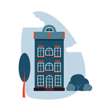 Cartoon colorful architecture Amsterdam, exterior classic building facade flat style with tree, bush, clouds. Banner of composition tall house, landscape closeup. Isolated on white vector illustrationのイラスト素材