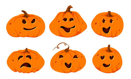 Halloween pumpkins paper cut icon set. Different shapes squash with carved cute faces emotion. Sign creepy funny cutting pumpkin smile. Decor for in October horror party invitation Vector illustrationのイラスト素材