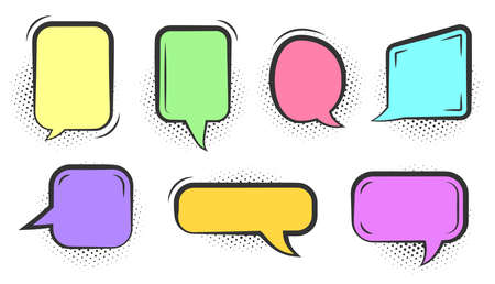 Comic speech bubble set. Cartoon empty text clouds with halftone dot shadow. Different colored blank pop art line doodle bubbles. Comics message balloon template. Isolated on white vector illustrationのイラスト素材