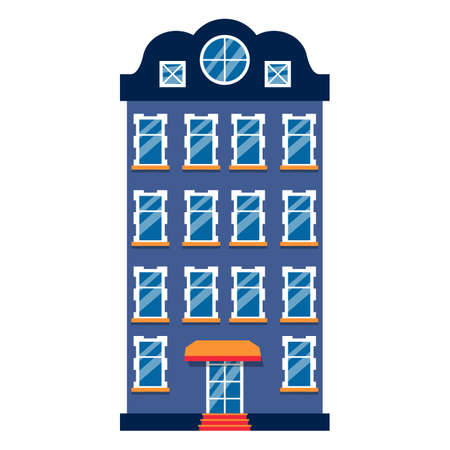 Colorful cartoon architecture Amsterdam single house. Closeup graphic icon townhouse, european style. Flat urban building tall town and suburban home cottage. Isolated on white vector illustrationのイラスト素材