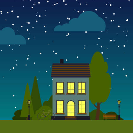 Closeup house night street flat cartoon square banner. Single house under starry sky. Urban small town landscape with trees, bush, clouds. Suburban village neighborhood Cityscape. Vector illustrationのイラスト素材