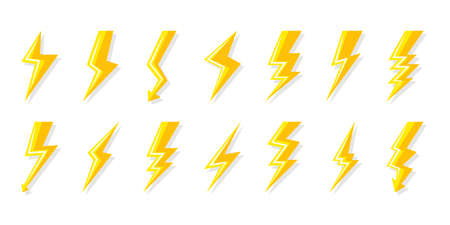 Yellow lightning bolt icons set. Electrical strike with arrow, shock lightning. Symbol electricity, energy and thunder. Sign voltage and power. Flat with shadow. Isolated vector illustrationのイラスト素材