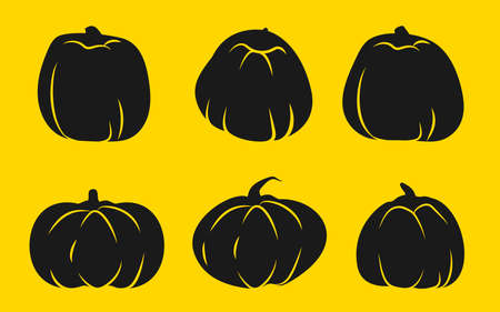 Set of Autumn pumpkin glyph icons with white line.Template different shape gourd. Symbol Thanksgiving and Halloween of holiday in october. Simple black silhouette squash. Isolated vector illustrationのイラスト素材