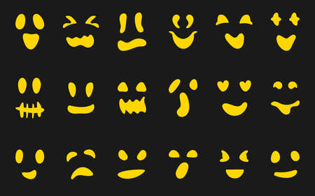 Set of carved silhouettes faces pumpkins or ghost. Yellow icons different shapes eyes mouths. Template for cutting pumpkin smile. Decor creepy funny cute Halloween Masks monsters. Vector illustrationのイラスト素材