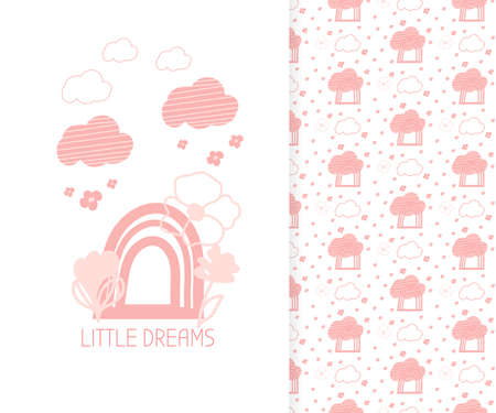 Kids banner. Cute pink doodle cloud seamless pattern. Pastel tileable background of hand drawn clouds with lines, flower and rainbow. Great for fabric, paper print, wallpaper decor Vector illustrationのイラスト素材