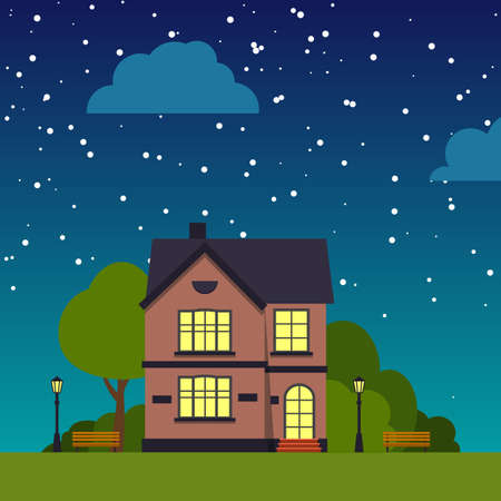 Night Street with house closeup trees, bush, clouds, flat cartoon square banner. Urban small town landscape. Single house under starry sky. Suburban village neighborhood Cityscape Vector illustrationのイラスト素材