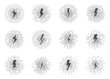 Set of black vintage lightnings sign with sunburst effect. Retro icons electrical strike with arrow, shock light rays. Voltage and power, electricity, energy and thunder. Isolated vector illustrationのイラスト素材