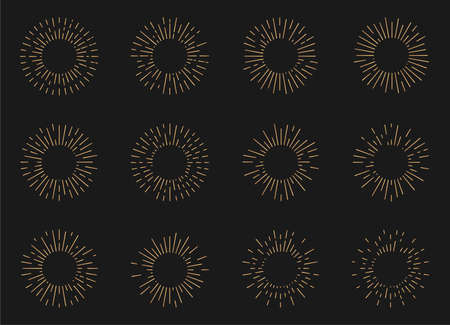 Gold radiant sunburst shapes set. Abstract elements linear sunburst firework. Golden sunlight.のイラスト素材