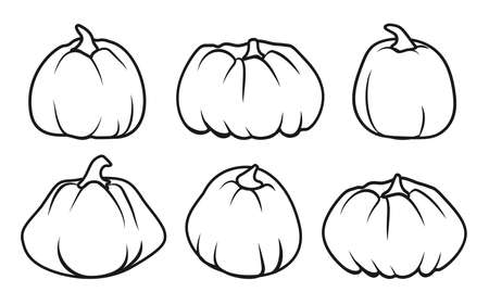 Set of black line Autumn pumpkin icon. Outline sign Thanksgiving and Halloween, season crop capacity. Contour template different shape gourd. Linear style pictogram. Isolated vector illustrationのイラスト素材