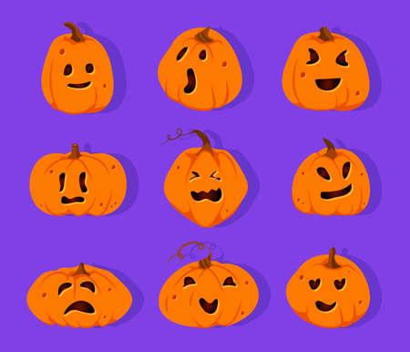 Set of Halloween pumpkins paper cut icons. Different shapes squash with carved cute faces emotion. Sign creepy funny cute cutting pumpkin smile. Decor for horror party invitation. Vector illustrationのイラスト素材